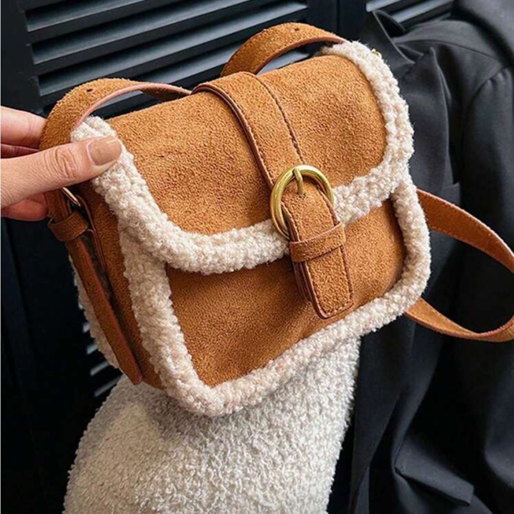 Sherpa suede bag camel brown Crossbody Bag with Shearling Trim - Picture 4 of 7